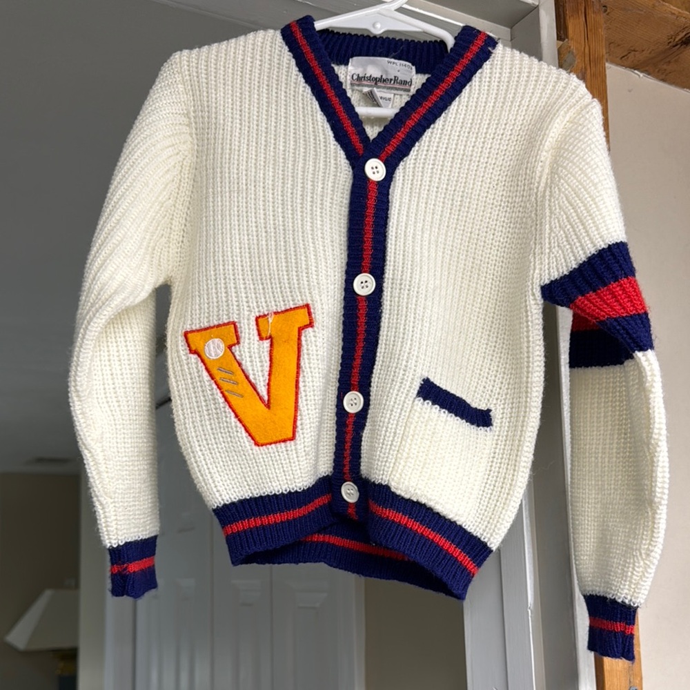 Vintage Christopher Rand White Sweater with Red and Blue Accents